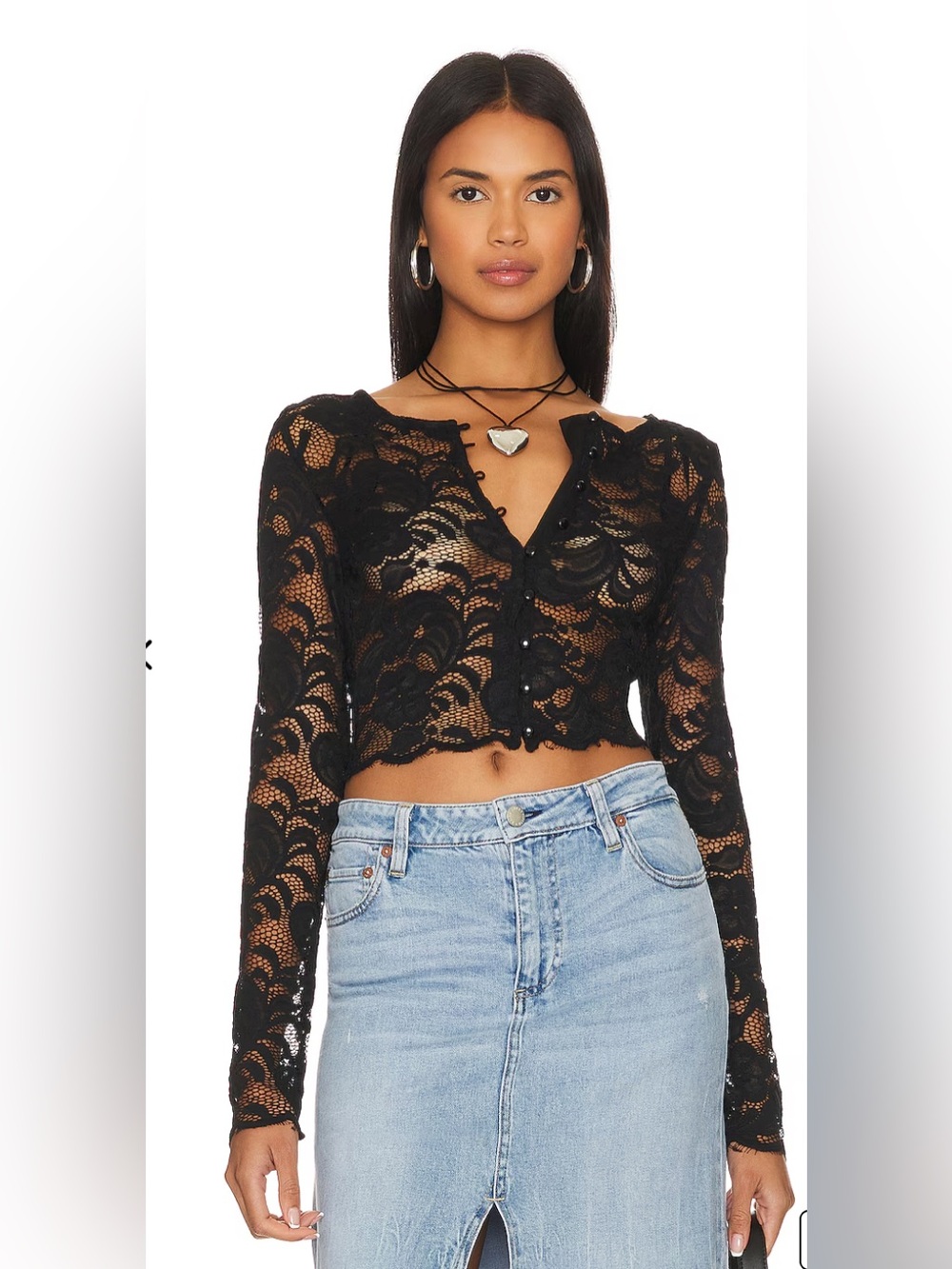 Like New! Superdown Black Lace Cropped Button-Front Top/ Size Medium
